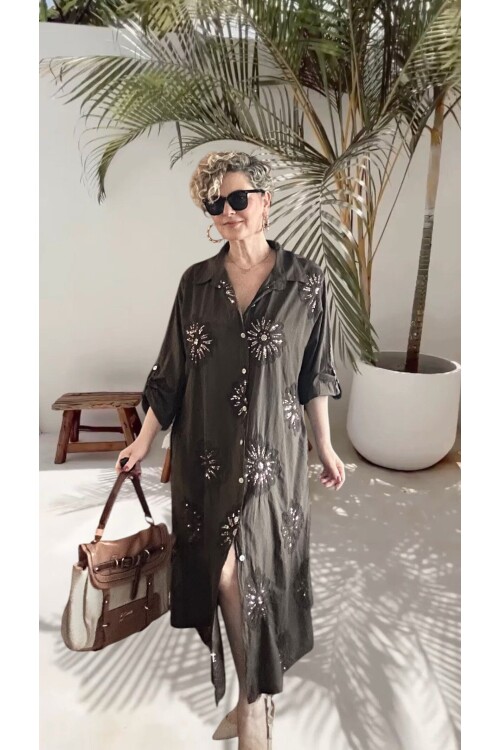 Vello İtalyan Pul Detaylı Gömlek  Elbise Kap Kahve