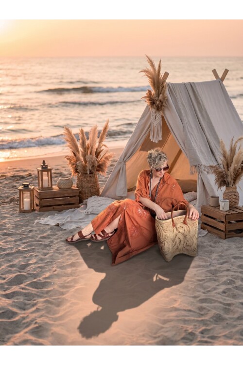 Vello İtalyan Pul Detaylı Gömlek  Elbise Kap Kiremit