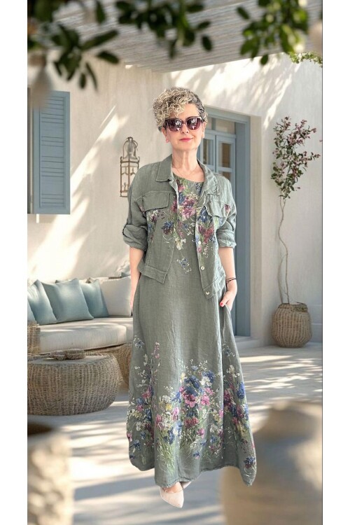 Venno | İthal %100 Linen Ceket & Kolsuz Elbise Takımı Haki