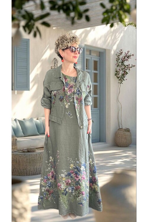 Venno | İthal %100 Linen Ceket & Kolsuz Elbise Takımı Haki