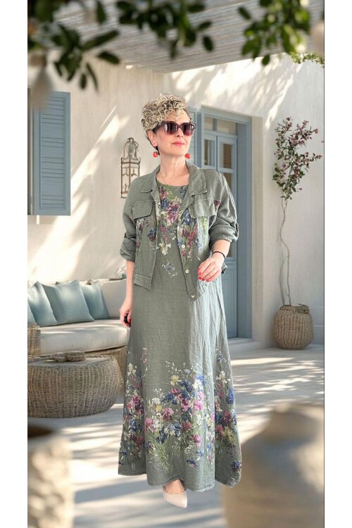 Venno | İthal %100 Linen Ceket & Kolsuz Elbise Takımı Haki