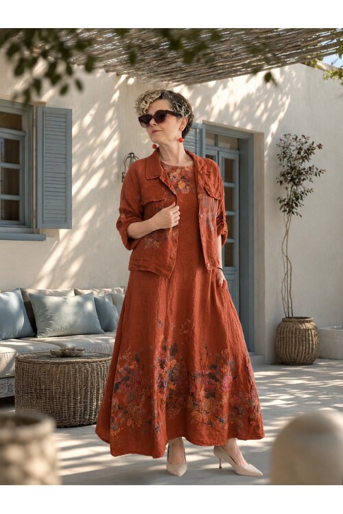 Venno | İthal %100 Linen Ceket & Kolsuz Elbise Takımı Tarçın