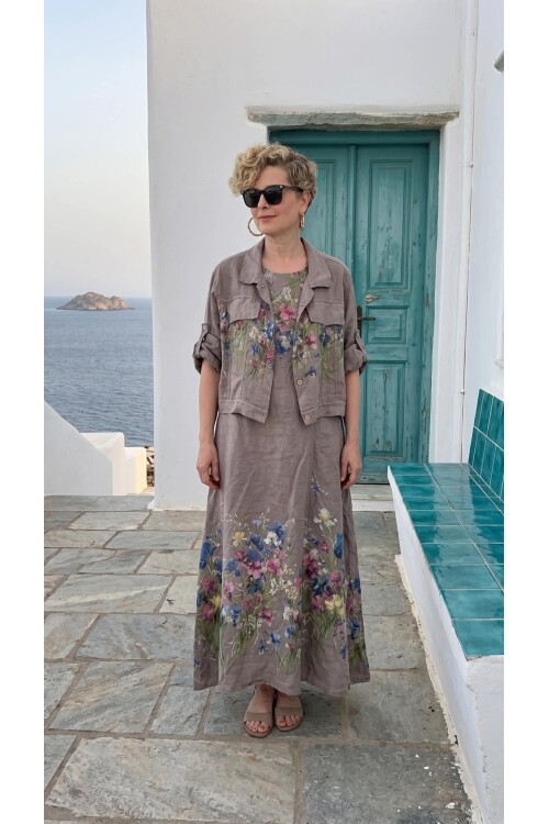 Venno | İthal %100 Linen Ceket & Kolsuz Elbise Takımı Vizon