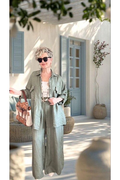 Verda İtalyan File Detaylı Payet İşlemeli Keten Takım Haki