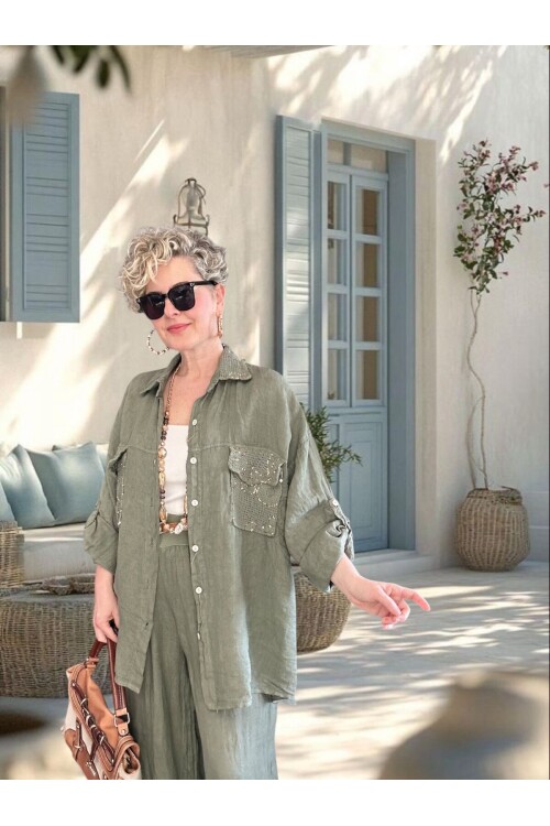 Verda İtalyan File Detaylı Payet İşlemeli Keten Takım Haki