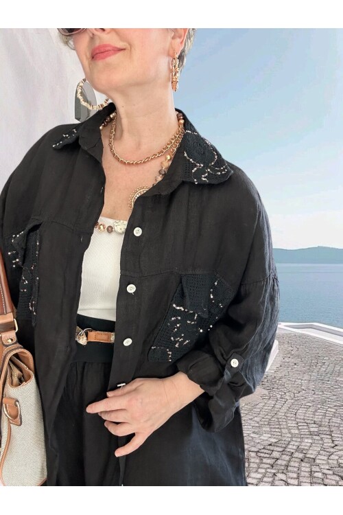 Verda İtalyan File Detaylı Payet İşlemeli Keten Takım Siyah