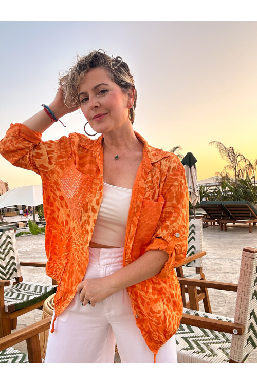 Vespa Cep Pul Detaylı Desenli Tasarım Gömlek Arancio