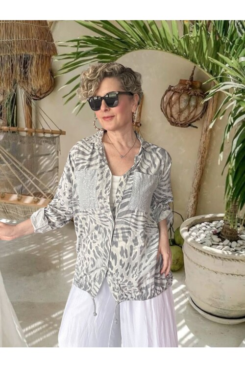 Vespa Cep Pul Detaylı Desenli Tasarım Gömlek Grigio Chiaro