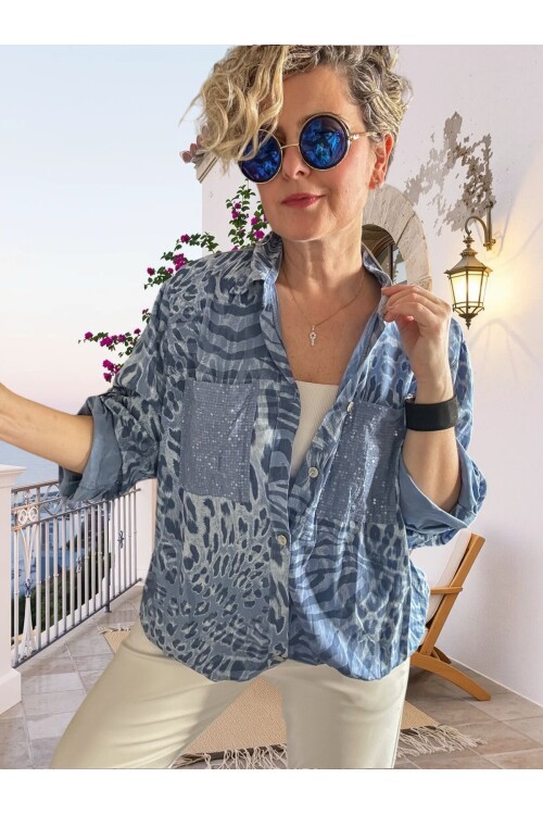 Vespa Cep Pul Detaylı Desenli Tasarım Gömlek Jeans Mavi