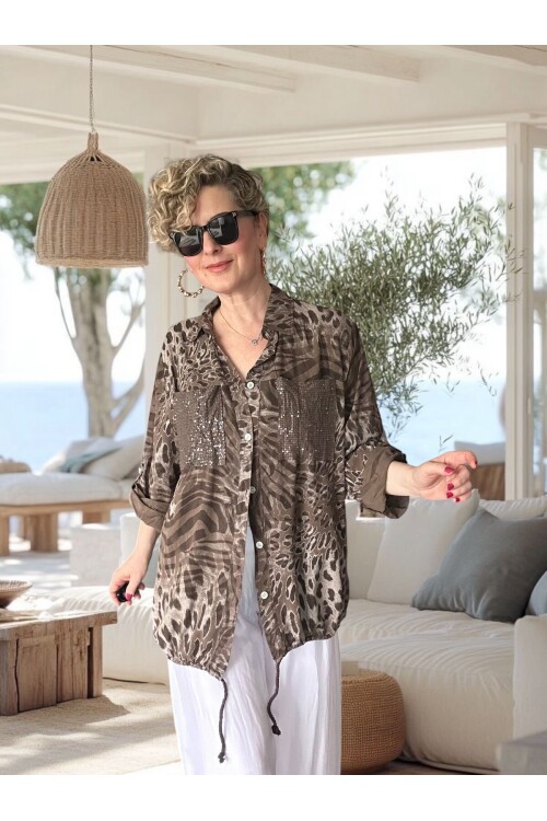 Vespa Cep Pul Detaylı Desenli Tasarım Gömlek Marrone