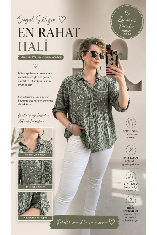 Vespa Cep Pul Detaylı Desenli Tasarım Gömlek Military