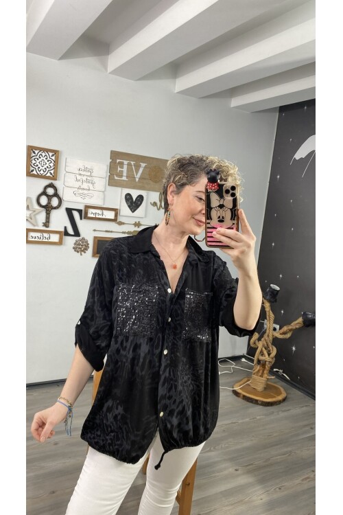 Vespa Cep Pul Detaylı Desenli Tasarım Gömlek Nero