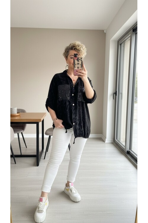 Vespa Cep Pul Detaylı Desenli Tasarım Gömlek Nero