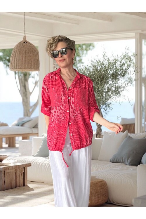 Vespa Cep Pul Detaylı Desenli Tasarım Gömlek Rosso