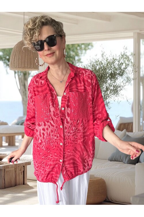 Vespa Cep Pul Detaylı Desenli Tasarım Gömlek Rosso