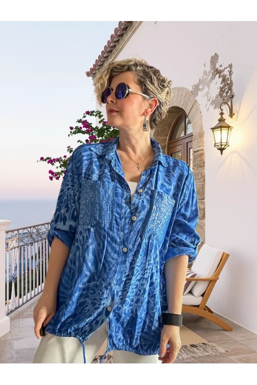 Vespa Cep Pul Detaylı Desenli Tasarım Gömlek Royal