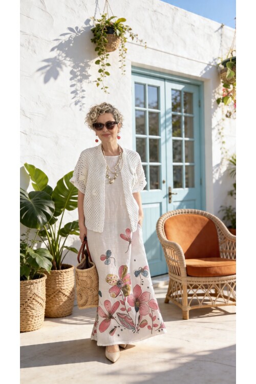 Villa İthal %100 Keten Elbise & Örgü Hırka Takım Beyaz