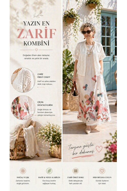 Villa İthal %100 Keten Elbise & Örgü Hırka Takım Beyaz