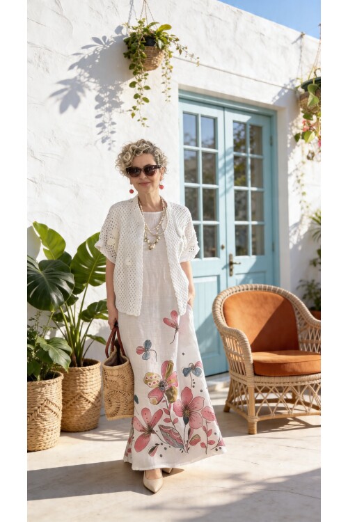 Villa İthal %100 Keten Elbise & Örgü Hırka Takım Fango