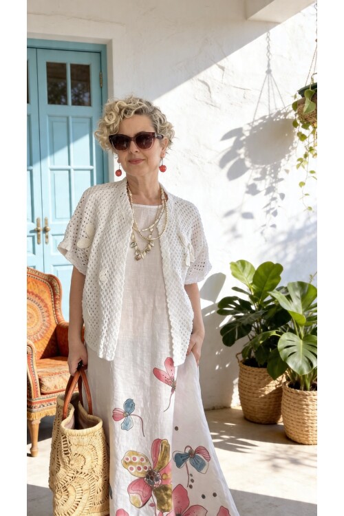 Villa İthal %100 Keten Elbise & Örgü Hırka Takım Fango