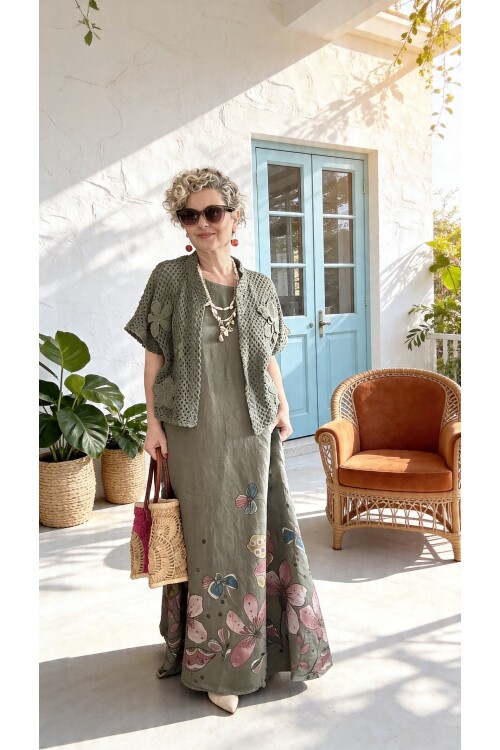 Villa İthal %100 Keten Elbise & Örgü Hırka Takım Haki