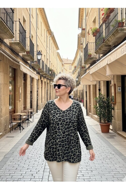 Virgin İtalyan V Yaka Desenli Triko Haki