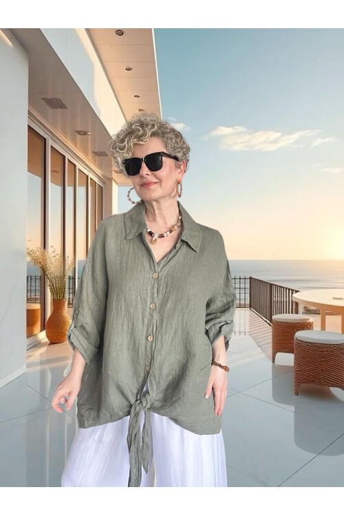 Viva Önü Bağlamalı İtalyan Kesim Linen Gömlek Haki