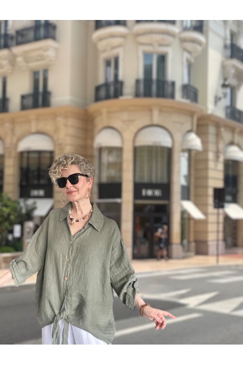 Viva Önü Bağlamalı İtalyan Kesim Linen Gömlek Haki