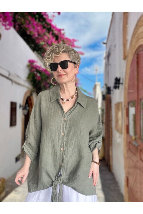 Viva Önü Bağlamalı İtalyan Kesim Linen Gömlek Haki