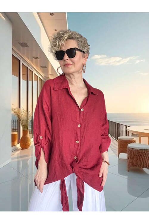Viva Önü Bağlamalı İtalyan Kesim Linen Gömlek İndian Red