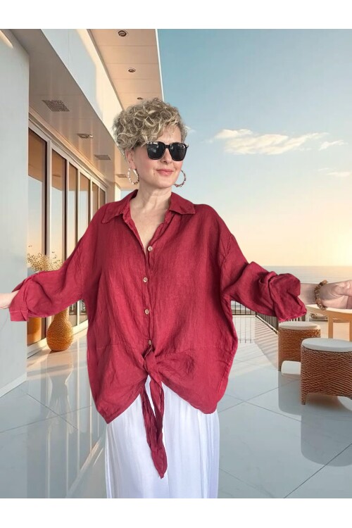 Viva Önü Bağlamalı İtalyan Kesim Linen Gömlek İndian Red