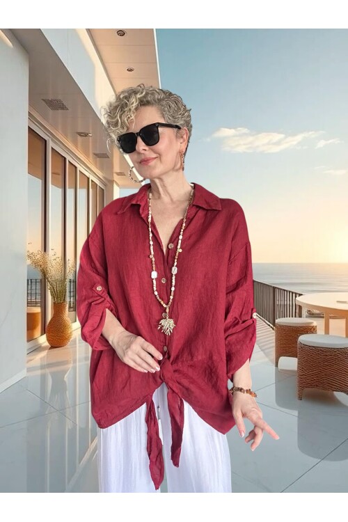 Viva Önü Bağlamalı İtalyan Kesim Linen Gömlek İndian Red