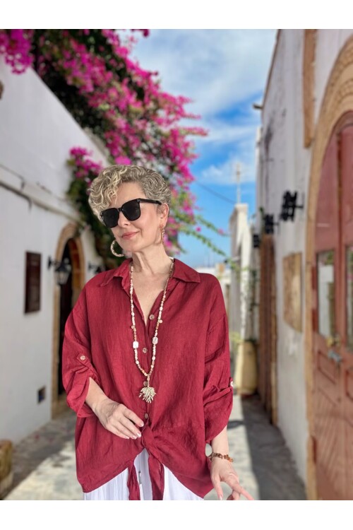 Viva Önü Bağlamalı İtalyan Kesim Linen Gömlek İndian Red