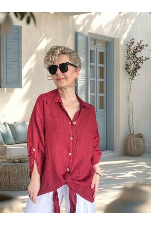 Viva Önü Bağlamalı İtalyan Kesim Linen Gömlek İndian Red