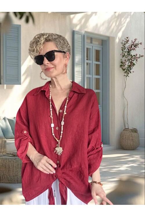 Viva Önü Bağlamalı İtalyan Kesim Linen Gömlek İndian Red