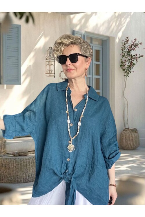 Viva Önü Bağlamalı İtalyan Kesim Linen Gömlek Petrol Mavi