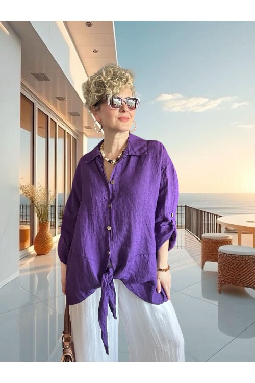 Viva Önü Bağlamalı İtalyan Kesim Linen Gömlek Viola