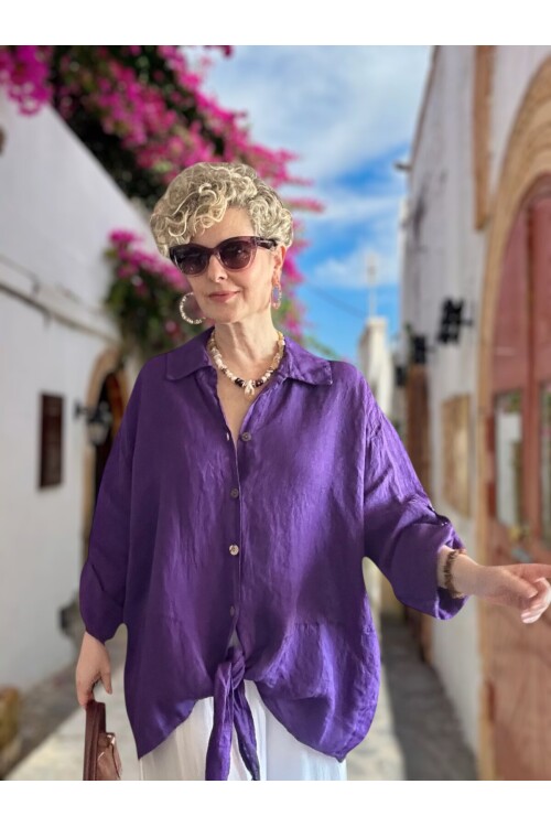 Viva Önü Bağlamalı İtalyan Kesim Linen Gömlek Viola