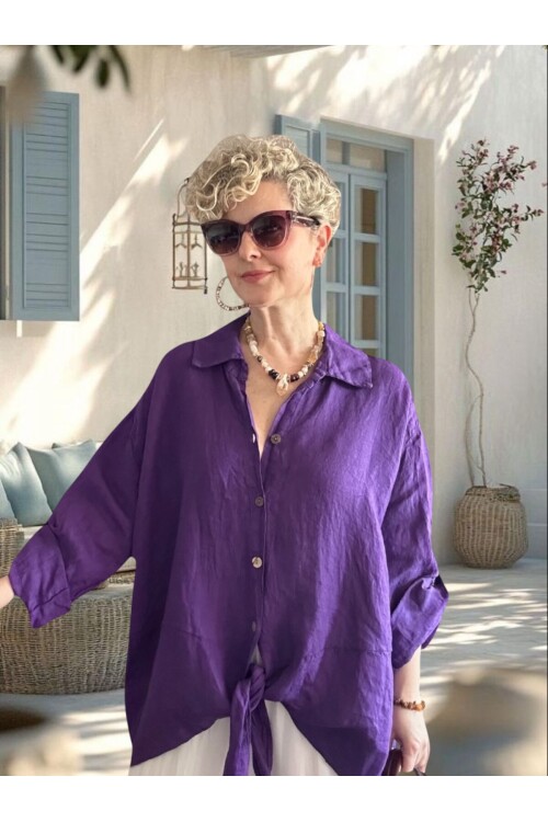 Viva Önü Bağlamalı İtalyan Kesim Linen Gömlek Viola