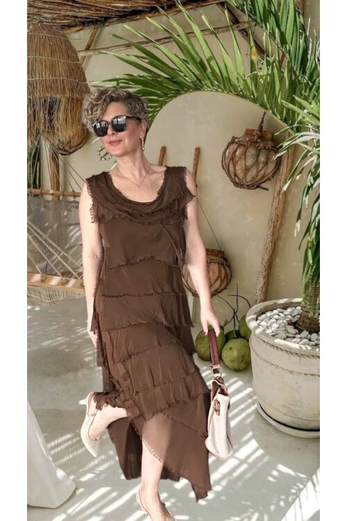 Vivas İthal Katmanlı İpek Tasarım Elbise Açık Kahve