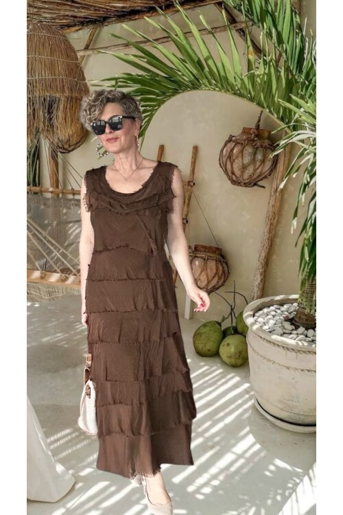 Vivas İthal Katmanlı İpek Tasarım Elbise Açık Kahve