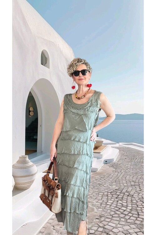 Vivas İthal Katmanlı İpek Tasarım Elbise Adaçayı Yeşili