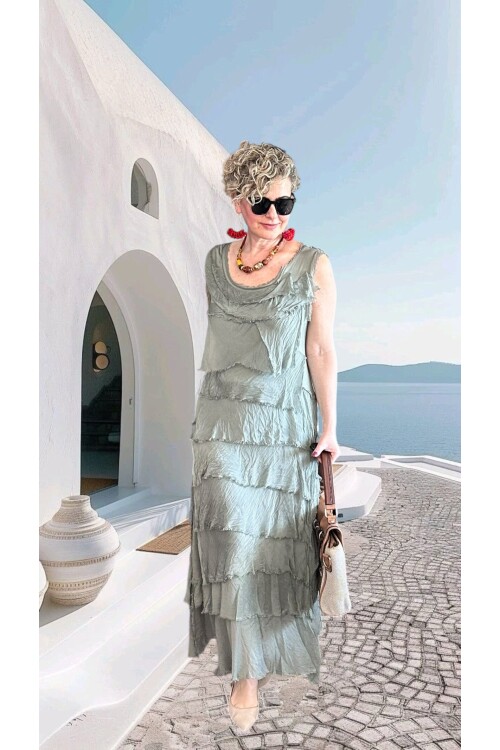 Vivas İthal Katmanlı İpek Tasarım Elbise Adaçayı Yeşili