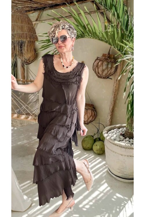 Vivas İthal Katmanlı İpek Tasarım Elbise Kahverengi