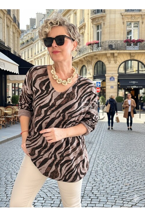 Yassa İtalyan V Yaka Zebra Desenli Triko Vizon