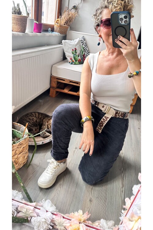 Amour İtalyan Sihirli Kemer Detaylı Pantolon Dark Grey