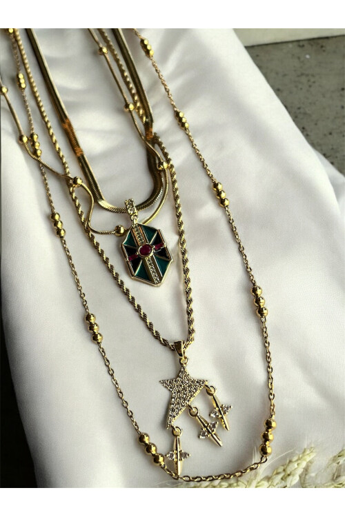 Awsa Çelik Gold Çoklu Kolye