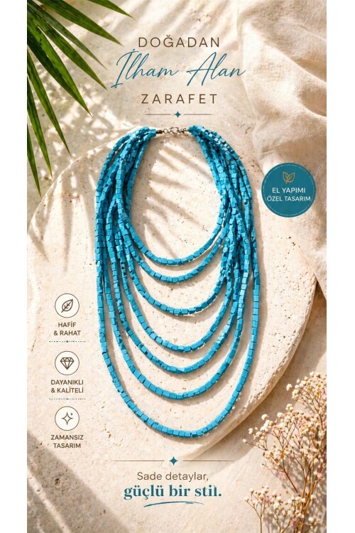 Baby Blue Tahta Otantik Sekiz Sıra Kolye