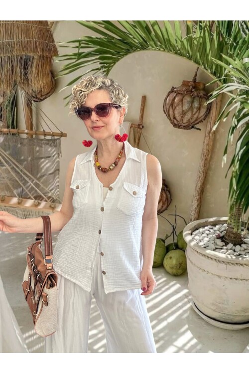 Bellas Artizan Tasarım V Yaka Düğmeli Yelek Beyaz