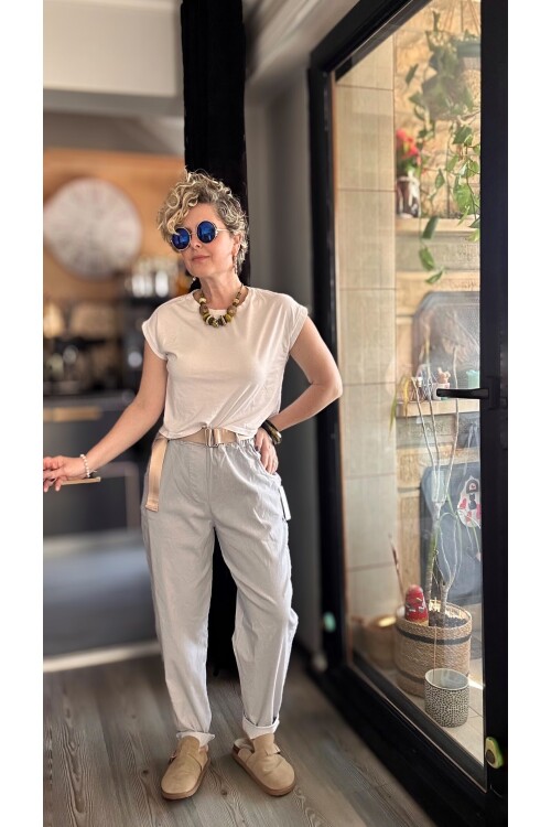 Betty İtalyan Balon Kemerli Pantolon Açık Gri